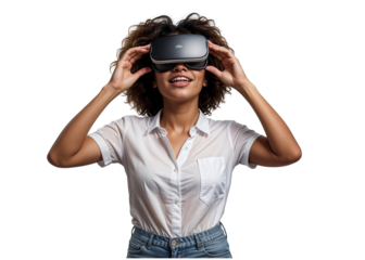 Immersive Virtual Reality Experience - Woman Wearing VR Headset in PNG Image