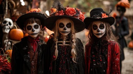 Three children in Halloween costumes with Day of the Dead makeup, looking at the camera.