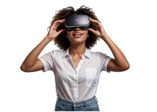 Immersive Virtual Reality Experience - Woman Wearing VR Headset in PNG Image