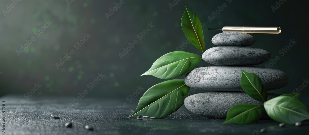 Poster Still life of meditation with a pipette resting on a pyramid of three stones and green leaves along with a space for text. with copy space image. Place for adding text or design