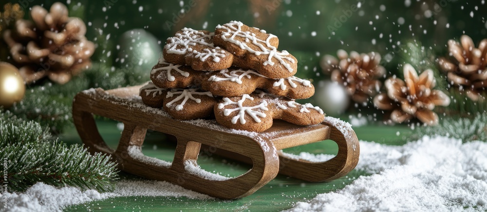 Poster stack of gingerbread cookies for christmas on a decorative wooden sled gingerbread cookies on a sled