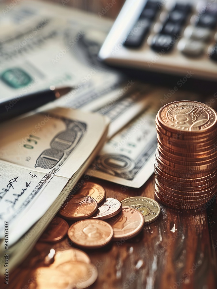 Fototapete A stack of cash and coins sits beside an open notebook filled with notes and calculations on a wooden table. Generative AI