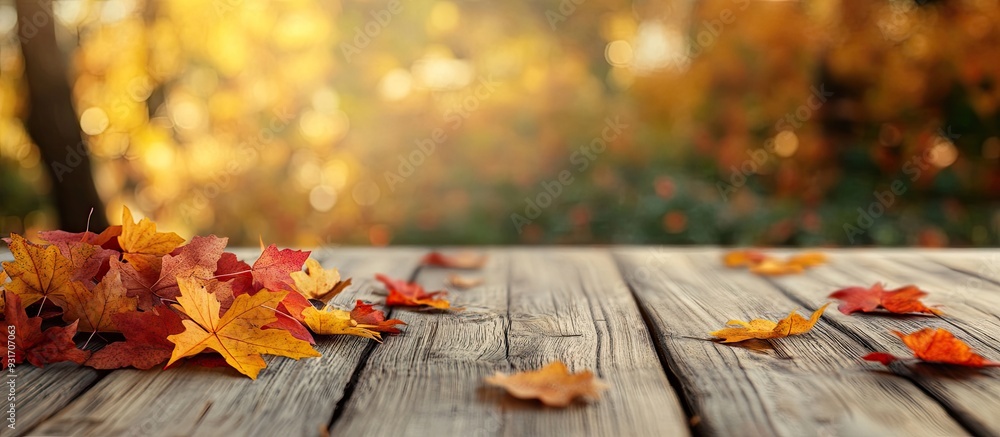 Aufkleber autumn leaves on the wooden table blurred effect. with copy space image. Place for adding text or design