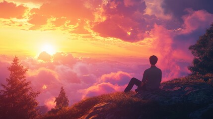Obraz premium Adorable young man sitting on a hill overlooking a vibrant sunset, with colorful clouds and trees, in a friendly 3D animation