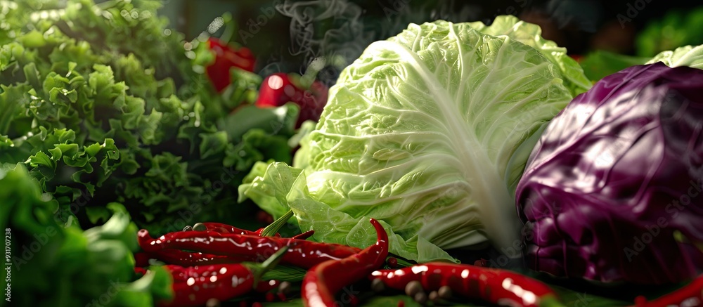 Poster dark food backdrop featuring cabbage leaves red pepper and spices. with copy space image. place for 