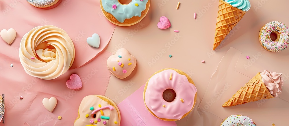 Aufkleber kid party dessert arrangement of playful ice cream cone donut cloud and heart shaped cookies gingerb