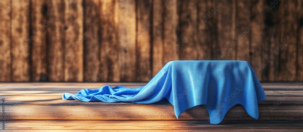 Poster A blue tablecloth or towel placed on a brown wooden table. with copy space image. Place for adding text or design