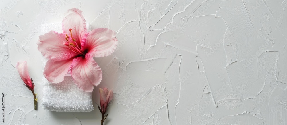 Poster spa arrangement featuring a towel and a pink flower on a white background with copy space square ima