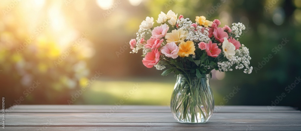 Poster a bouquet of flowers in a vase placed on an outdoor table. with copy space image. place for adding t