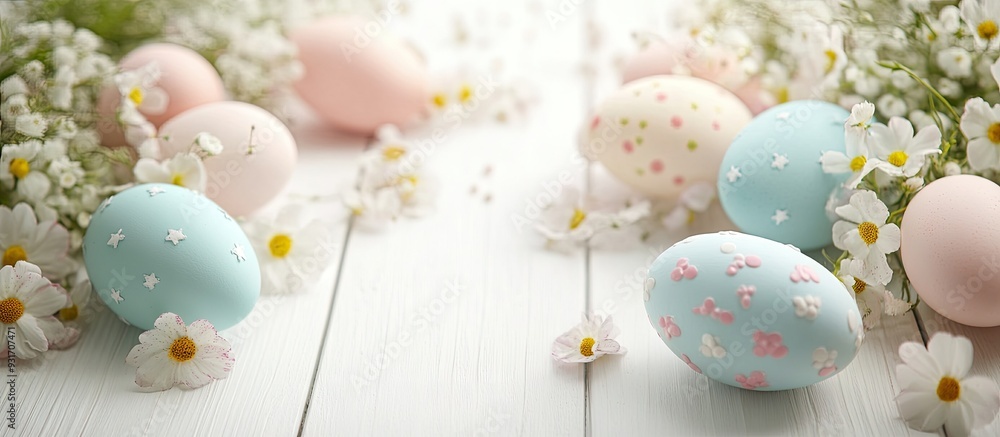 Poster close up of vibrant easter eggs surrounded by flowers on a white wooden table. with copy space image