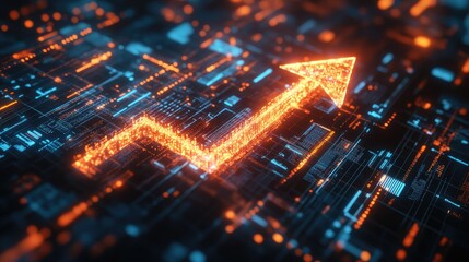 Obraz premium An abstract 3D graphic of a glowing upward arrow representing financial growth, with floating marketing analytics surrounding it