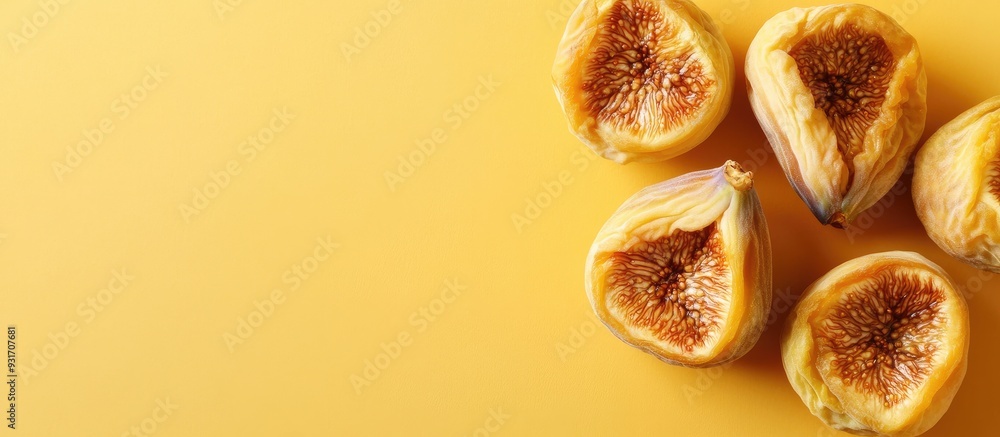 Leinwandbilder dried figs on a colored background viewed from above with space for text nutritious fruit. with copy