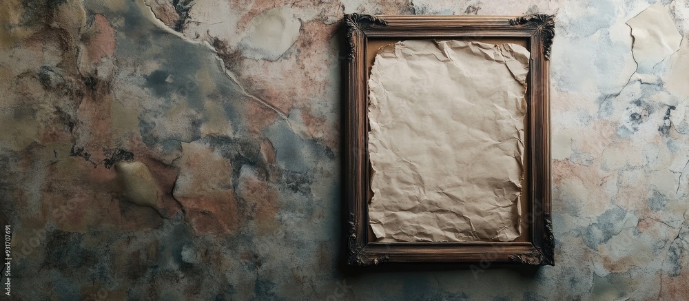 Poster worn wrinkled paper in a dilapidated wooden frame mounted on a vintage wallpaper wall. with copy spa
