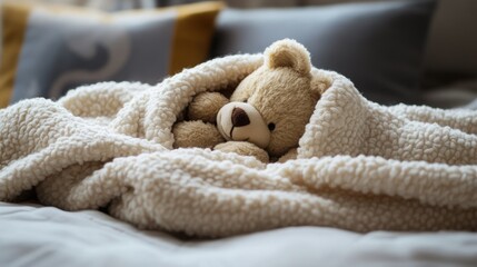 A warm image of a plush teddy bear wrapped in a cozy baby blanket, [cozy baby blanket], [comforting and warm]