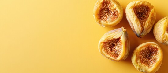 Dried figs on a colored background viewed from above with space for text Nutritious fruit. with copy space image. Place for adding text or design
