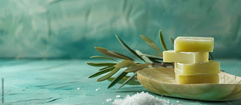 Poster olive soap bars and a bowl of sea salt on a colored background. with copy space image. place for add