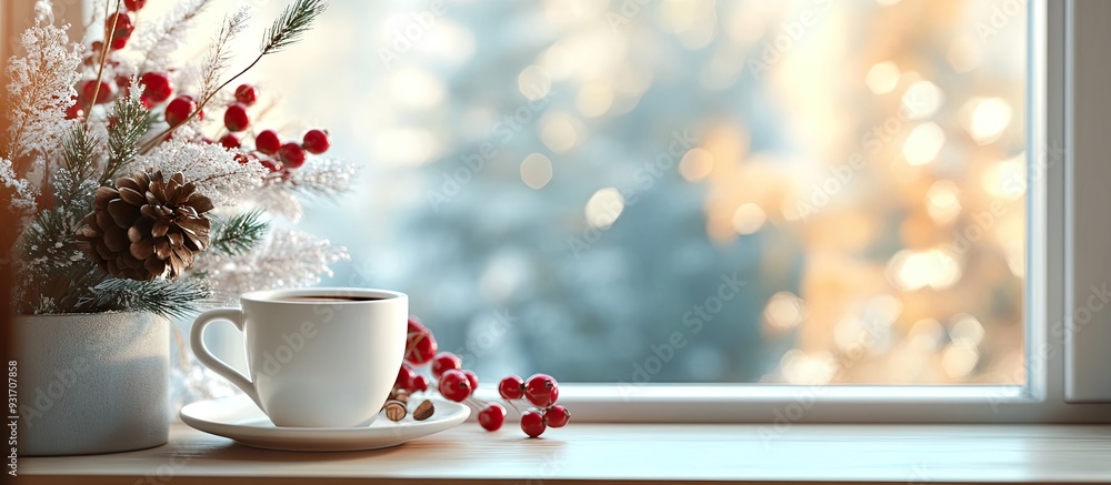 Aufkleber christmas arrangement with coffee on the windowsill concept for a holiday greeting card. with copy s