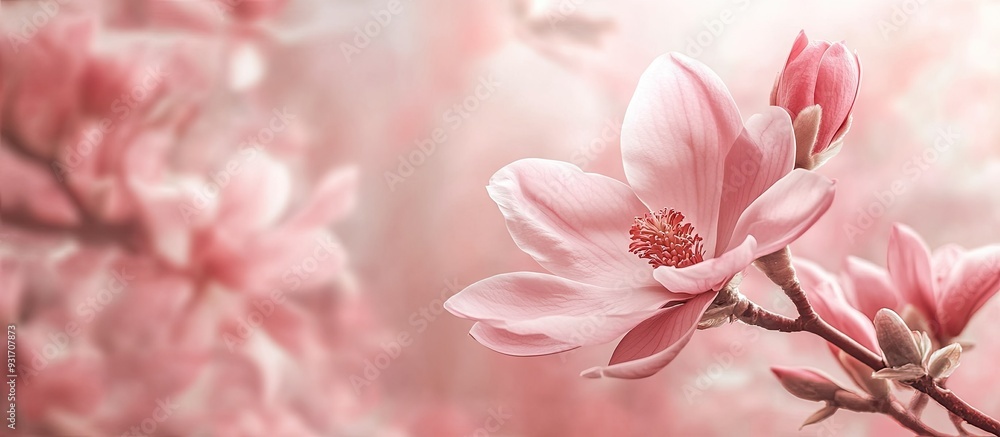 Poster pink magnolia flower or magnolia liliiflora on a branch attractive flowering tree. with copy space i