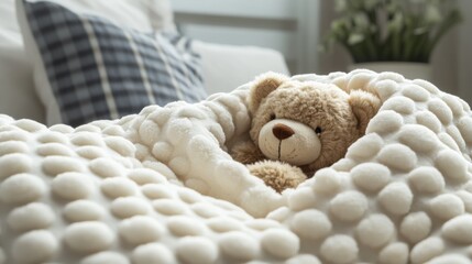 A comforting picture of a soft baby blanket with a cuddly teddy bear nestled inside, [cozy baby blanket], [comforting and warm]
