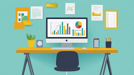 A modern workspace featuring a computer displaying graphs and charts with decorative plants and office supplies