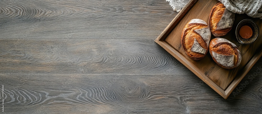 Fototapete High angle view of a gray hardwood floor with a close up of a tray containing bread. with copy space image. Place for adding text or design