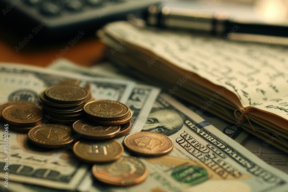 Fototapete a stack of cash and coins rests beside an open notebook of notes and calculations in a productive wo