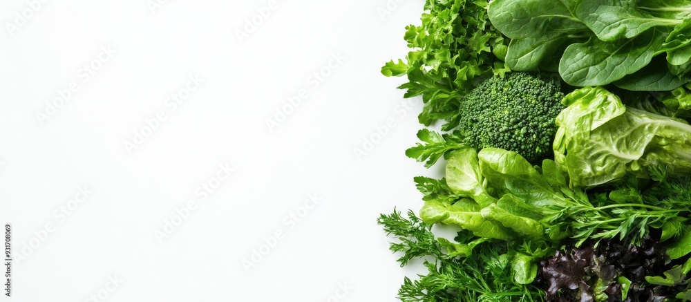 Fototapete young green vegetables set against a white background. with copy space image. place for adding text 