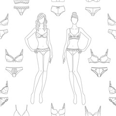 Fashionable female lingerie collection, vector seamless pattern line background. Panty and bra set.