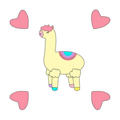 A cute pink and blue llama. Cartoon illustration in doodle style