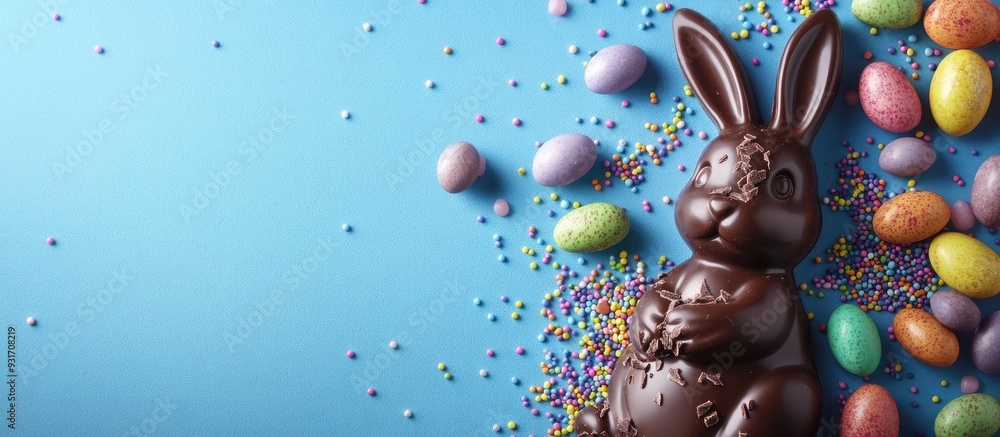 Aufkleber chocolate bunny and candy with colored sugar sprinkles on a blue background top view easter arrangem