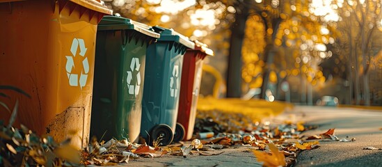 Customizable poster situated in a recycling bin in a park along the street. with copy space image. Place for adding text or design