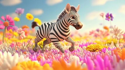 Cute baby zebra running through a colorful savanna, with fantasy trees and flowers, 3D cartoon animation style for kids