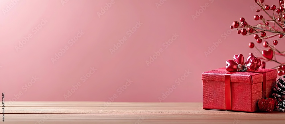Poster new year festival valentine s day decorations a red gift box on a wooden table with a pink backgroun