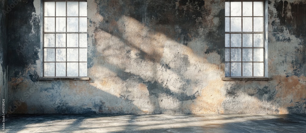 Poster Textured old wall with panoramic windows. with copy space image. Place for adding text or design