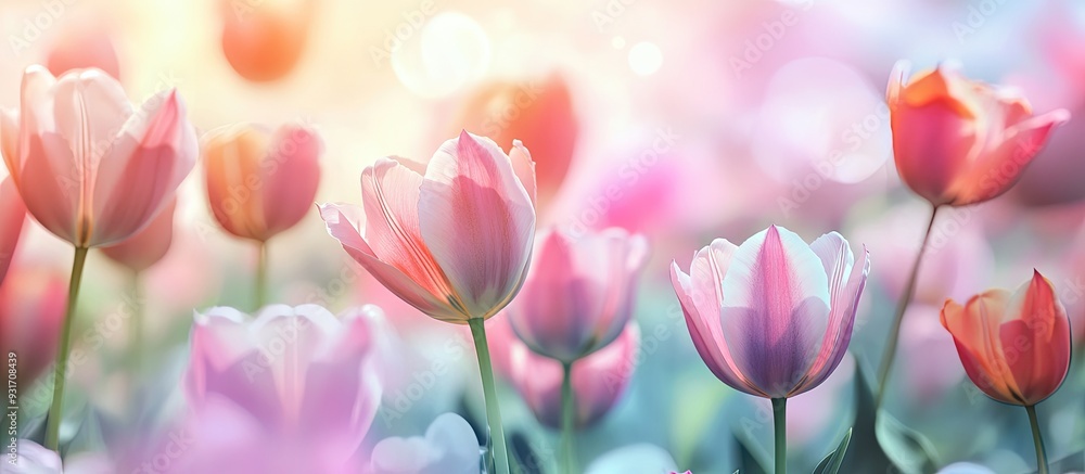 Poster Vibrant tulips bloom in spring creating a bokeh floral backdrop pastel and soft for a card with a selective focus A colorful tulip field is highlighted with selective focus Background of nature flowe