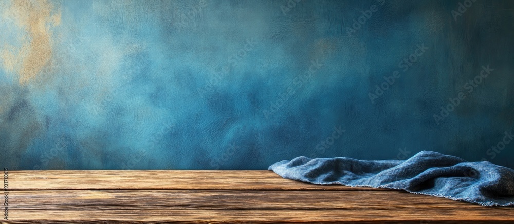 Aufkleber background featuring a wooden table tablecloth and a distressed blue wall. with copy space image. pl