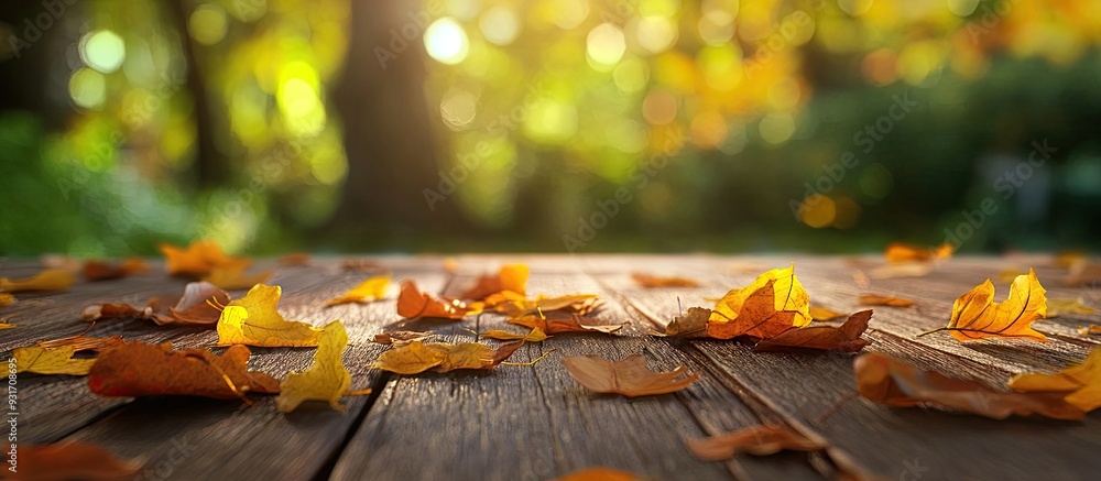 Poster autumn leaves on the wooden table blurred effect. with copy space image. Place for adding text or design