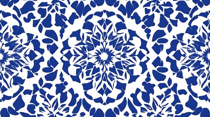Abstract blue and white geometric pattern with repeating symmetrical design.