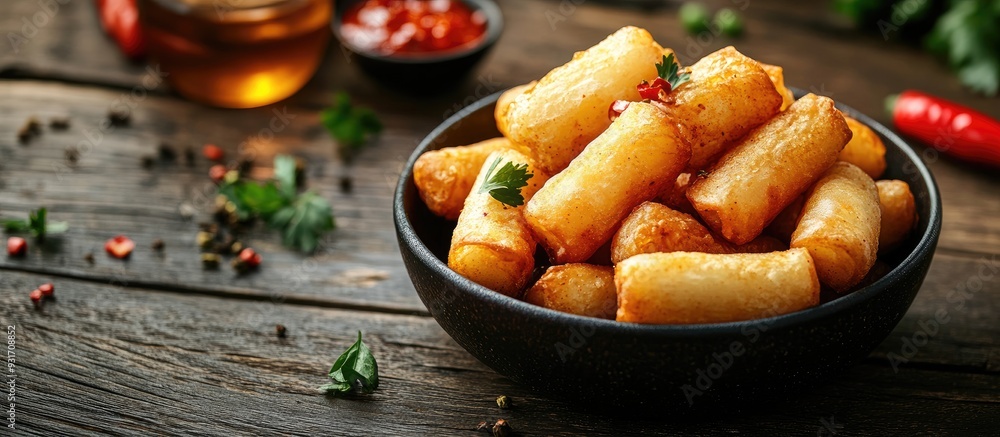 Poster Crispy fried potato rolls with chili honey. with copy space image. Place for adding text or design