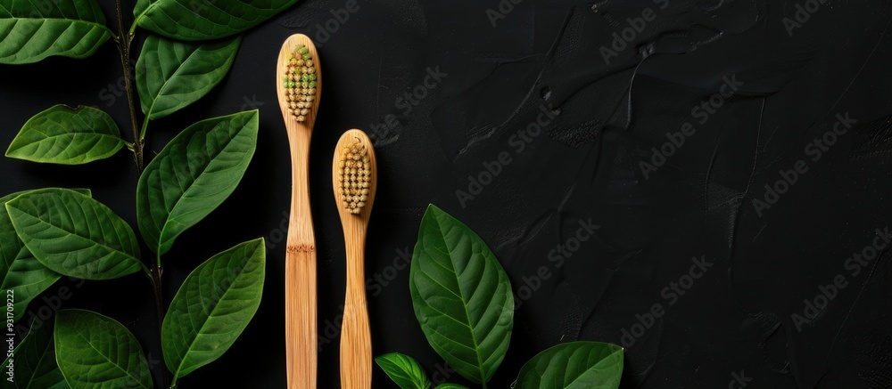 Aufkleber Wooden toothbrushes and green leaves on a black background Zero waste idea Space for text Top view. with copy space image. Place for adding text or design
