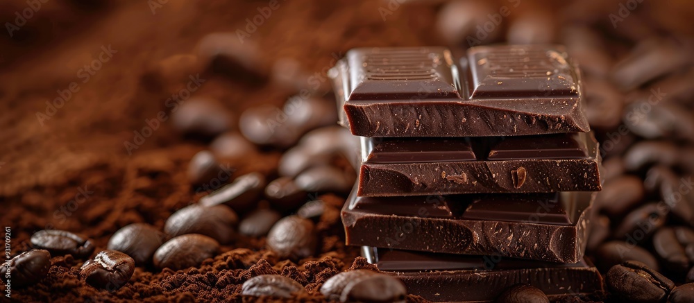 Aufkleber Close up of chocolate pieces stacked among coffee beans. with copy space image. Place for adding text or design