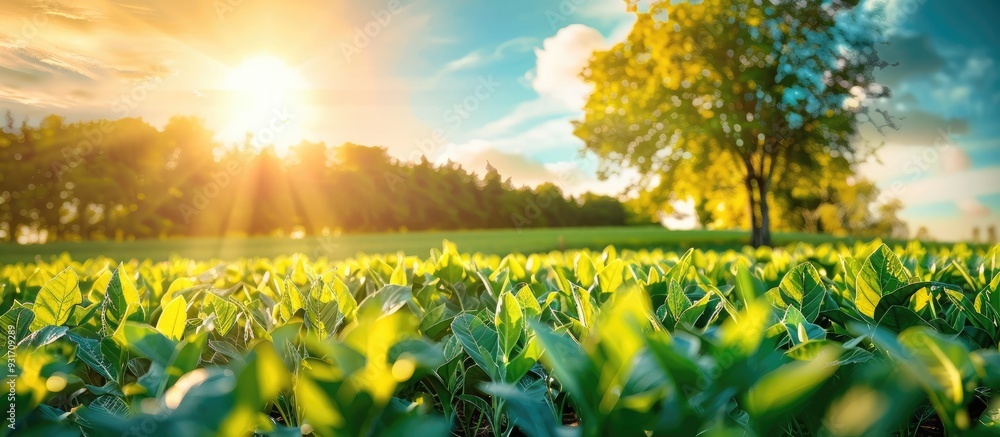 Poster green plants in a field a forest and a clear autumn sky. with copy space image. place for adding tex