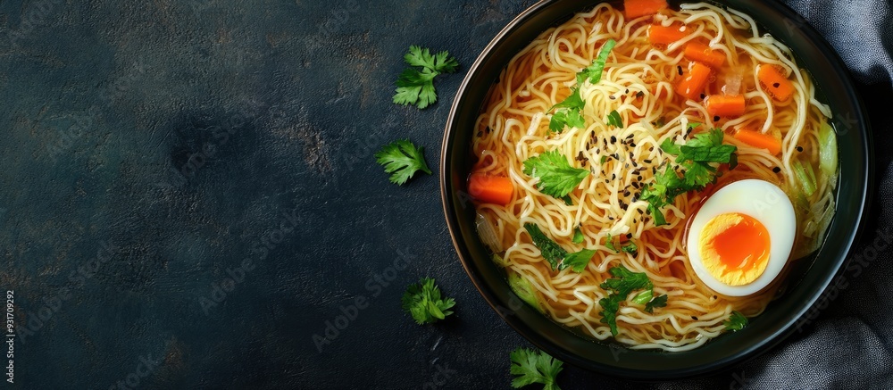 Leinwandbilder homemade oriental ramen noodle soup featuring egg carrot onion and parsley vegan dish nutritious mea