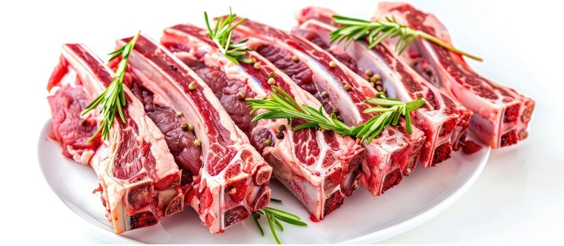 Rack of lamb and raw mutton ribs with spices on a kitchen table Isolated against a white background. with copy space image. Place for adding text or design