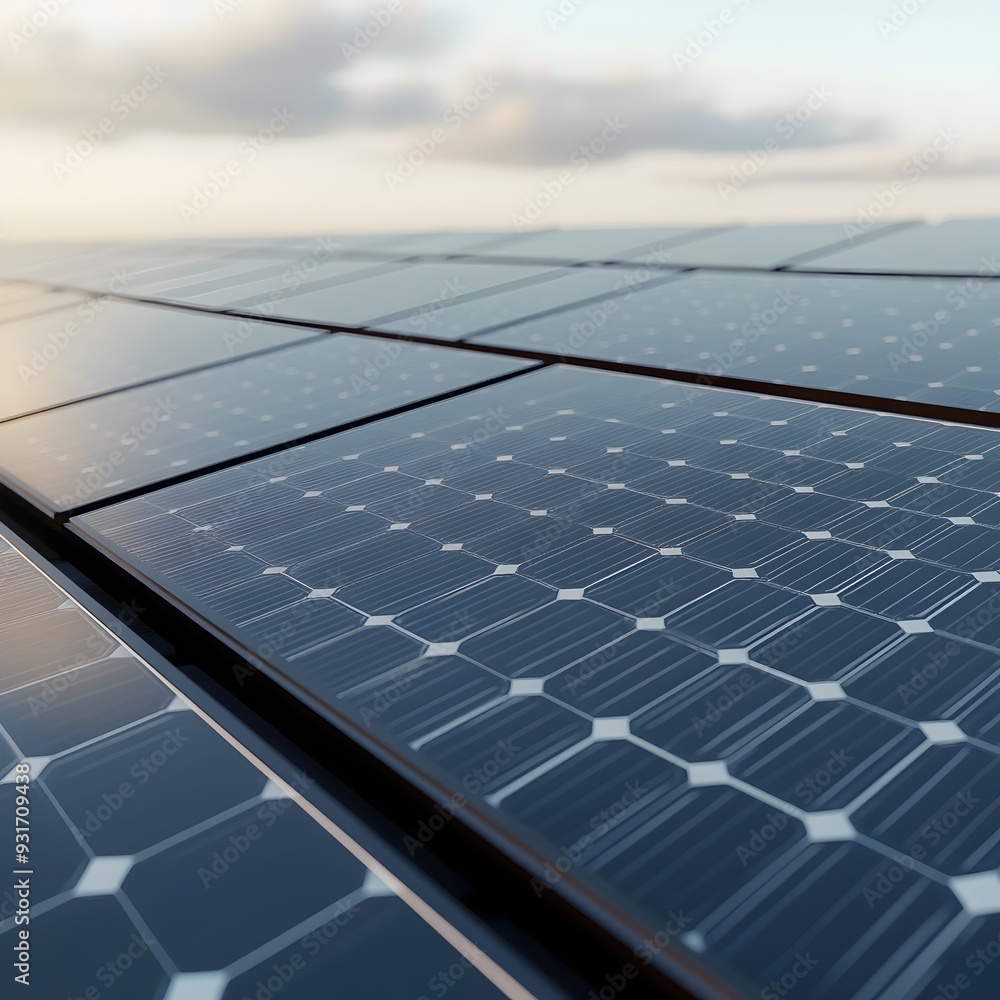 Poster close up of intricate solar panel array with gleaming metal frames and renewable energy technology