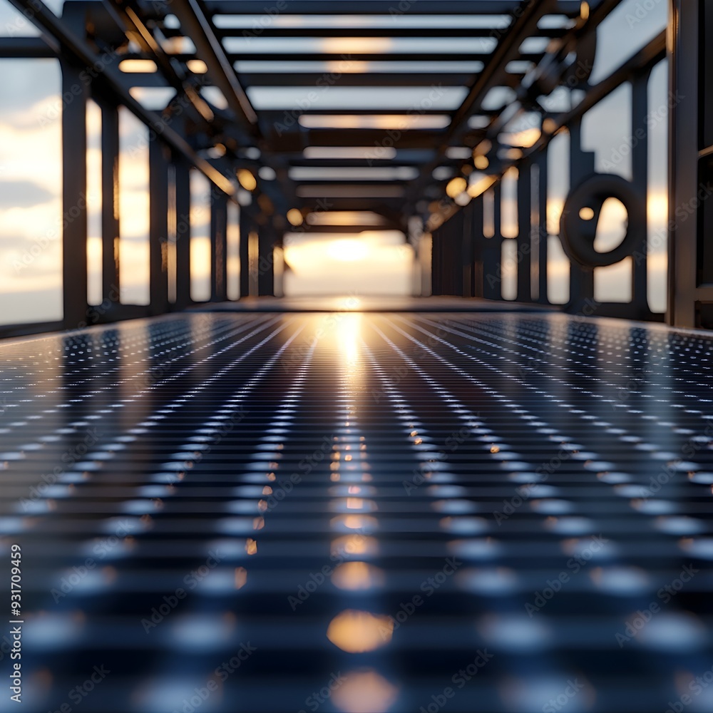 Poster close up of gleaming solar panel array with intricate silicon cells and futuristic metal frames