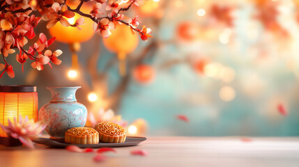 Elegant Mid-Autumn Festival Setup with Lanterns and Mooncakes