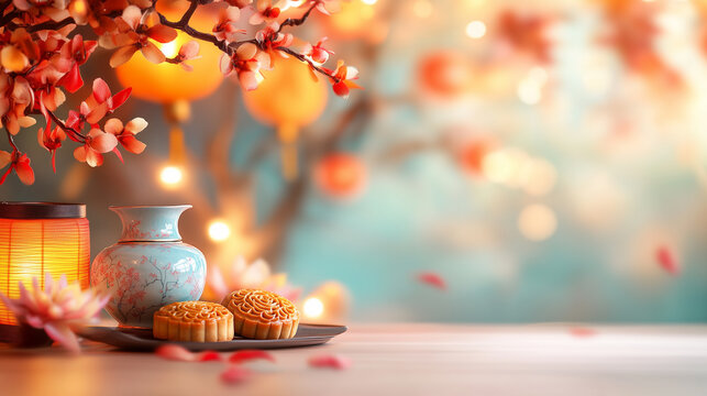 Elegant Mid-Autumn Festival Setup with Lanterns and Mooncakes