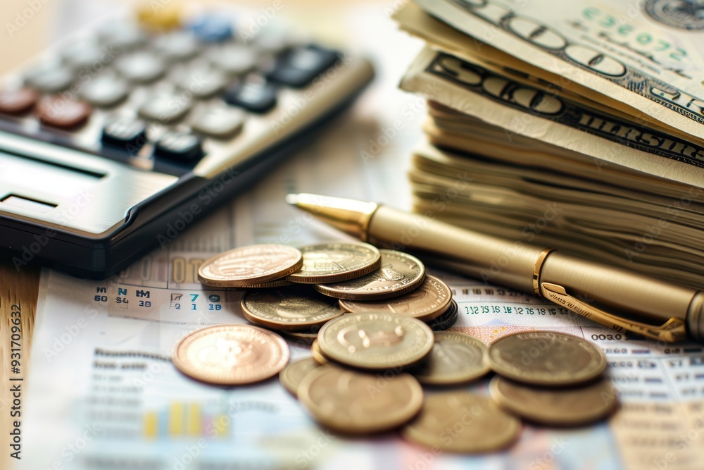 Aufkleber a notebook filled with notes, a stack of cash, coins, and a calculator suggest active financial plan