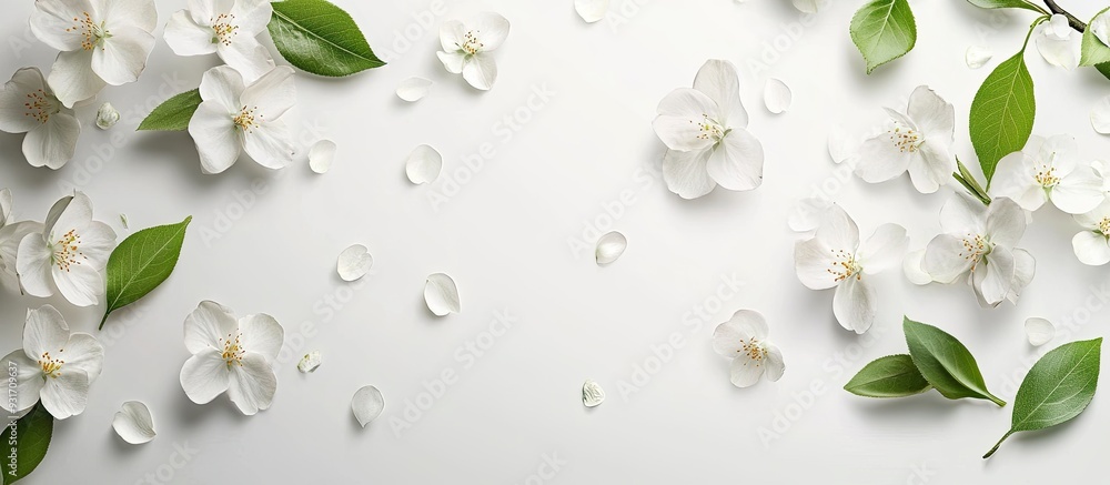 Aufkleber blooming flowers and leaves of a tree on a white background. with copy space image. place for adding